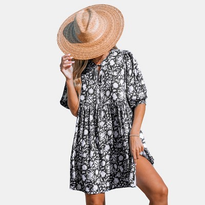 Women's Blue/Black Floral Puff Sleeve Mini Dress - Cupshe