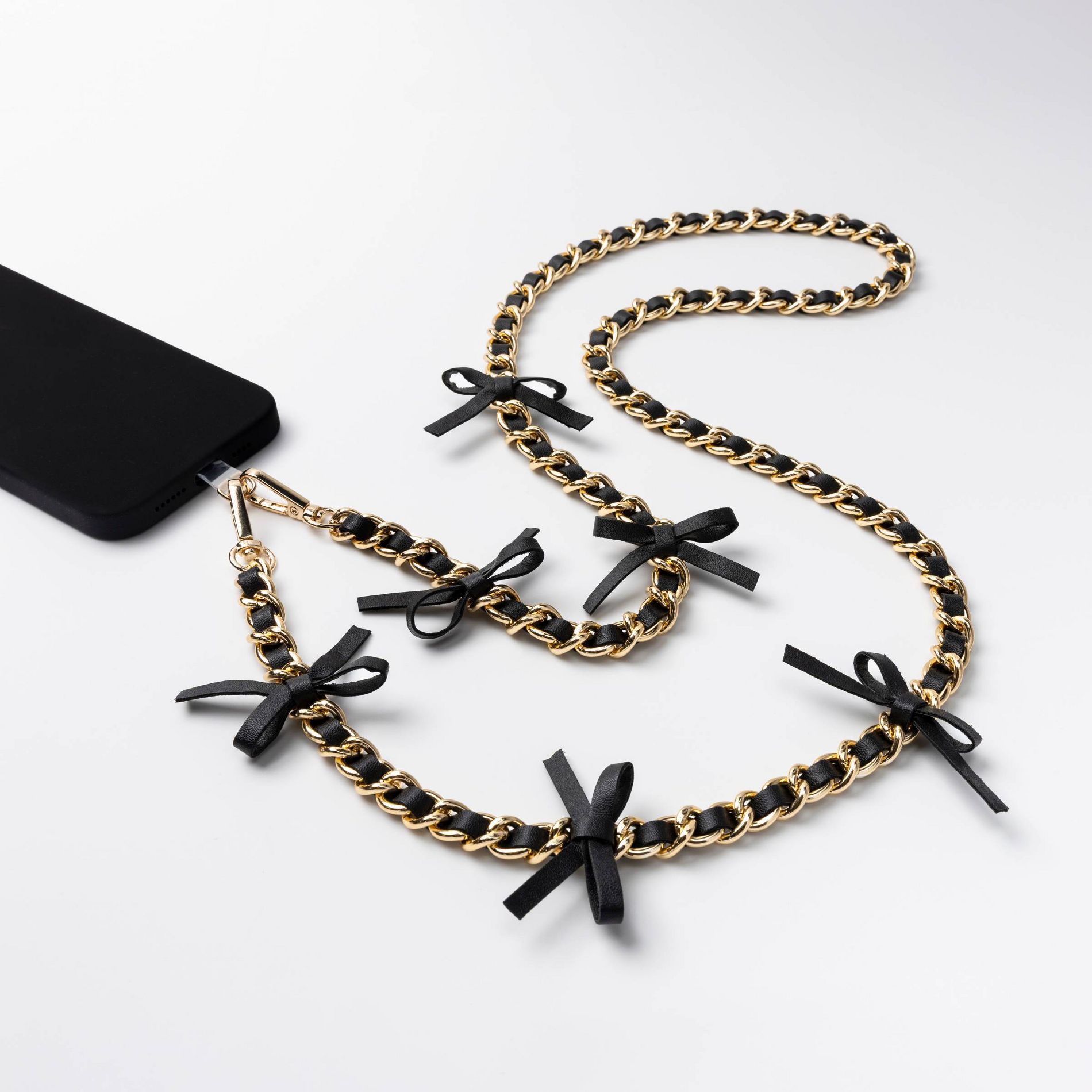 Hello Lux Phone Crossbody Strap - Golden Chain with Black Faux Leather Bows