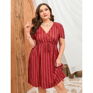 WhizMax Women's Plus Size Floral Summer Dresses for Women V Neck High Waist Dress A Line Midi Short Sleeve Dress - 1 of 4