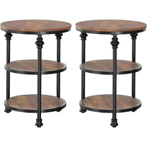 Industrial Round Side Table Set of 2 - Rustic Brown, 3-Tier Storage, Roman Column Legs, Waterproof MDF Top, 18" Diameter - 1 of 4