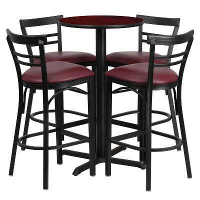 Flash Furniture 24'' Round Mahogany Laminate Table Set with X-Base and 4 Two-Slat Ladder Back Metal Barstools - Burgundy Vinyl Seat
