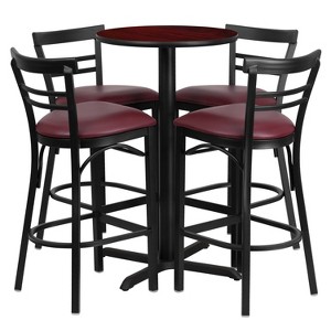 Emma and Oliver 24RD Mahogany Table Set-X-Base-4 2Slat Back Stools,Burgundy Seat - 1 of 2