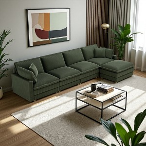 Corduroy Deep Seat Modular L-Shaped Sectional Sofa with 4 Pillows & Ottoman - 1 of 4