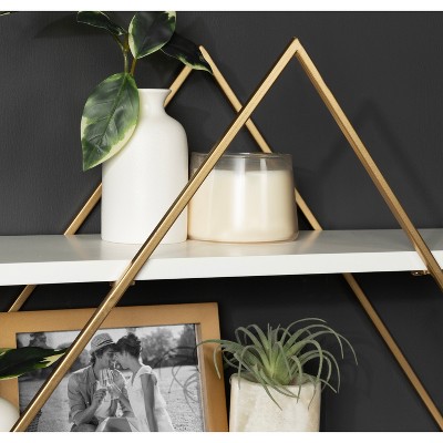White and Gold Diamond Floating Wall Shelf with Wooden Accents
