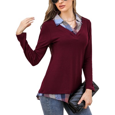 Clearlove Women's Long Sleeve V Neck Contrast Collar Shirt A-line Pleated Office Tunic