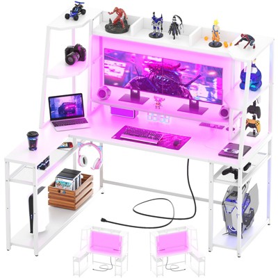Aheaplus 63'' L Shaped Desk with Hutch, Corner Computer Desk with Charging Station and LED Light