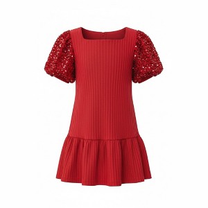 Mia Belle Girls Sequin Puff Sleeve Cute Dress in Red at Nordstrom, Size 4-5