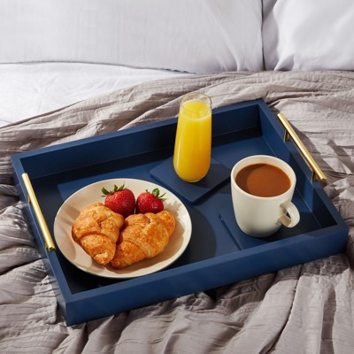 Blue Wooden Serving Tray with Gold and Silver Handles and Coasters