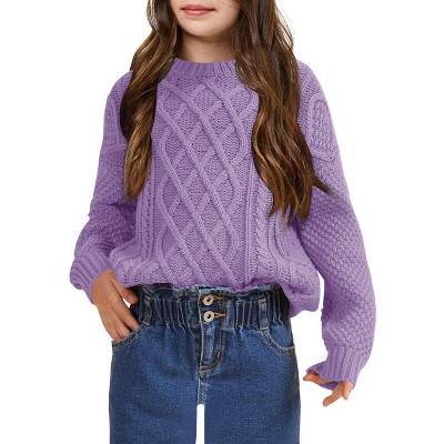 Girls Pullover Sweater Cable Knit Crew Neck Long Sleeve Sweater Knit Tops,Dust Purple - XL