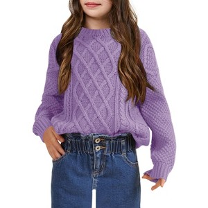 Girls Pullover Sweater Cable Knit Crew Neck Long Sleeve Sweater Knit Tops - 1 of 4