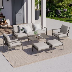 HAPPATIO 6 Pieces Aluminum Outdoor Conversation Set with 1 Three-Seater Sofa, Coffee Table, 2 Sofas and Ottomans - 1 of 4