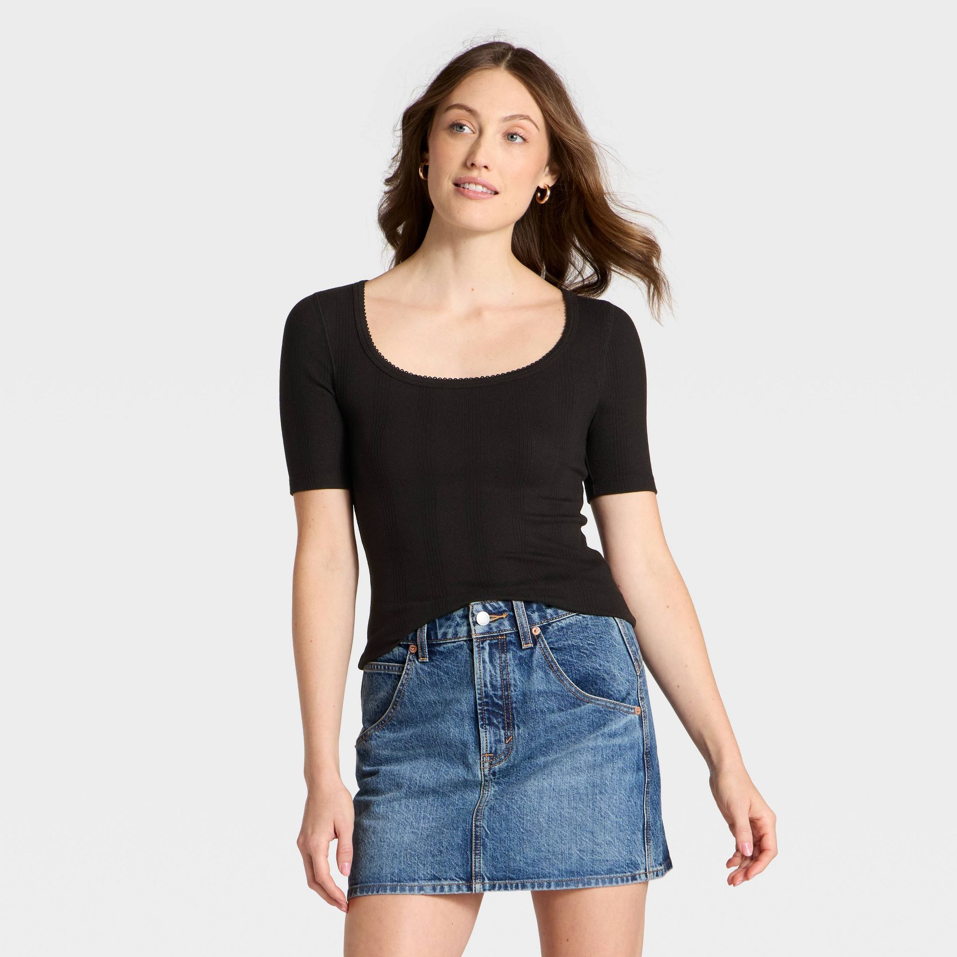 Women's Short Sleeve Scoop Neck Pointelle Blouse - Universal Thread™