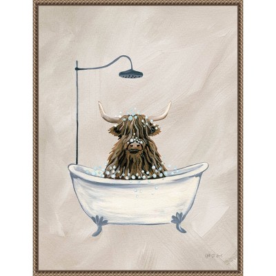 Highland Cow in Clawfoot Tub Framed Canvas Wall Art, 23" x 30"