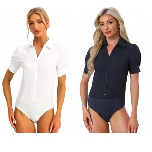 Allegra K Women's Office Button Down One-Piece Short Sleeve Bodysuit Work Shirt 2 Packs - 1 of 4