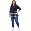 Women's Plus Size Patchwork Plaid Contrast Hem Crew Neck Long Sleeve Casual Fall Peplum Blouse - Agnes Orinda - 3 of 4