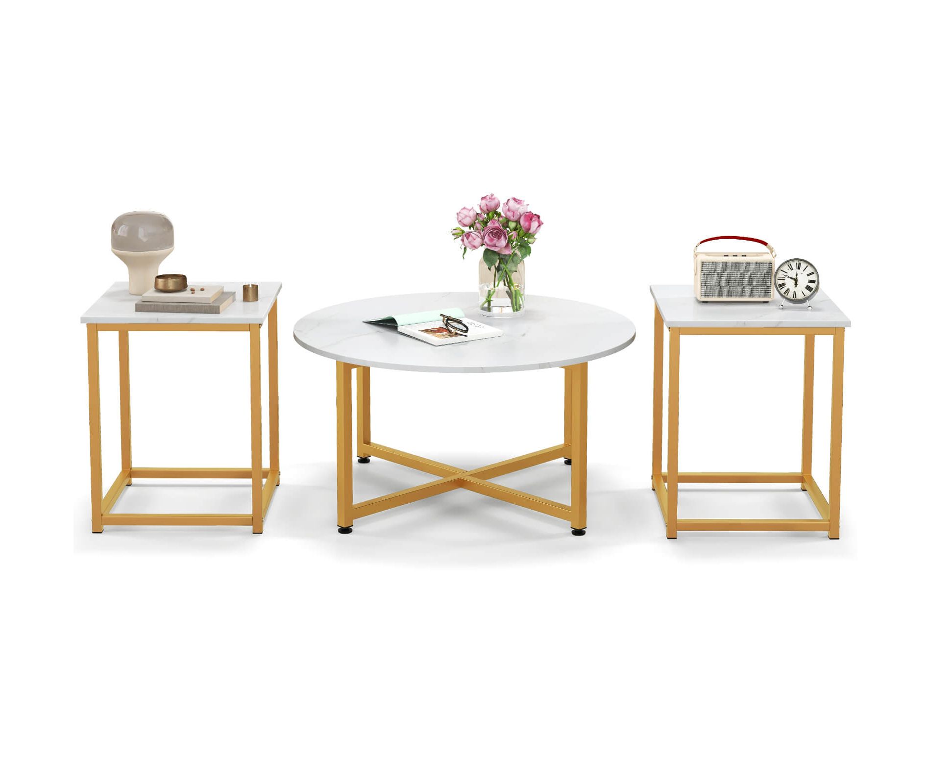Costway 3 PCS Coffee Table Set Round Coffee Table and 2PCS Square End Tables Metal Frame White