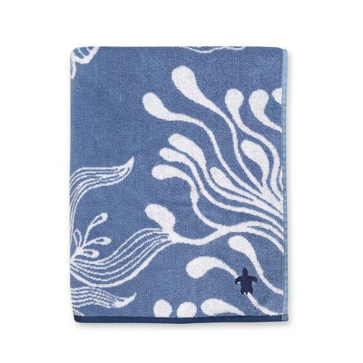 Seakeeper by 1888 Mills Oversized Jacquard Beach Towel, Blue Underwater Turtle - Cotton and Upcycled Marine Plastic
