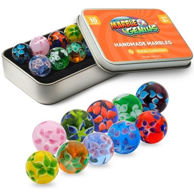Marble Genius Collectors Marbles, 10 Handmade Glass Marbles Stocking Stuffers for Marble Lovers - Petals Design for Kids Ages 3+