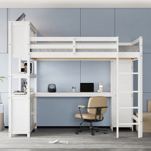 KWPZQEB Queen Size Loft Bed, Wooden Bunk Bed Fame with Bookshelf & Wardrobe, Desk & Safety Guardrail, No Box Spring Needed - 1 of 4