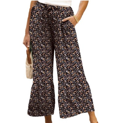 Amaryllis Women's Floral Print Wide-Leg Pants High-Waisted Drawstring Relaxed Fit Lightweight
