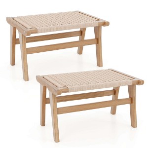 Costway 1/2 PCS Teak Wood Ottoman Footstool with Braided Rope for Living Room Bedroom Office - 1 of 4