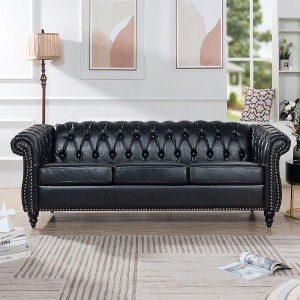 Kumasinova 84.65" Chesterfield Sofa with Rolled Arm, Modern PU Leather 3 Seater Sofa Couch, Upholstered Vintage Couch for Living Room - 1 of 4