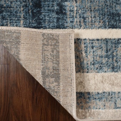 Modern Blue and Cream Striped Synthetic Area Rug, 5'x8'