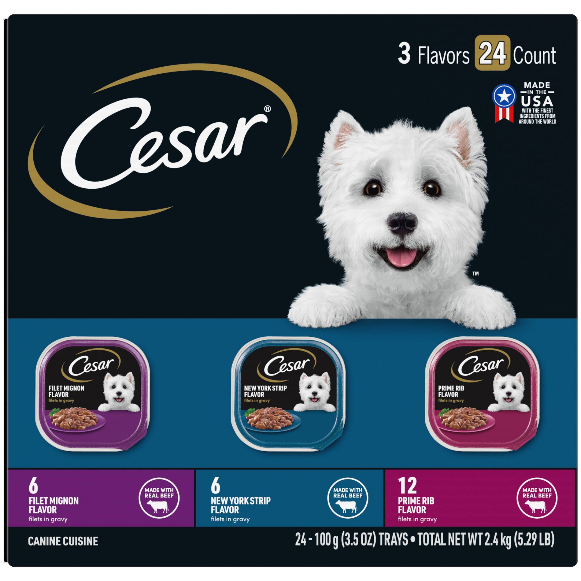 Cesar Filets in Gravy Chicken, Steak, Beef, Gravy and Red Meat Flavor Variety Pack Small Breed Wet Dog Food - 5.29lbs/24ct
