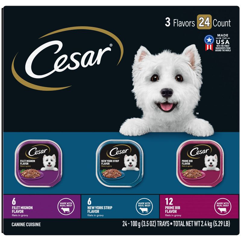 Cesar Filets in Gravy Filet Mignon, New York Strip and Prime Rib Adult Wet Dog Food with Chicken &#38; Beef Flavor - 5.29lbs/24ct, 1 of 12