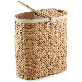 Casafield Oval Laundry Hamper with Lids and Removable Liner Bags, Woven Water Hyacinth 2-Section Laundry Basket for Clothes and Towels
