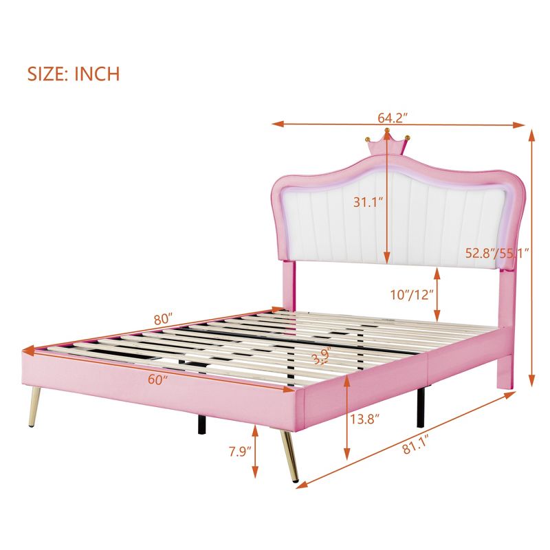 Queen/Full Size Upholstered Platform Bed Frame with LED Lights, Princess Bed with Crown Headboard-ModernLuxe, 3 of 13