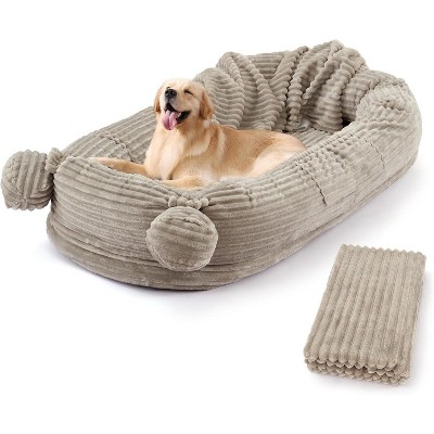 71"L Human Dog Bed with Blanket, 2 Side Storage Pockets and Portable Handle, Removable Cover, High-Density Foam Human Size Dog Bed for Adult