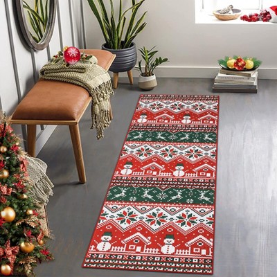Machine Washable Area Rug, Low Pile Non-Slip Floor Mat with Snowmen & Houses, Festive Holiday Carpet for Living Room Bedroom, Red/Green