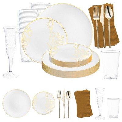 Smarty Had A Party White w/ Gold Antique Floral Plastic Grand Wedding Set - 50 Sets