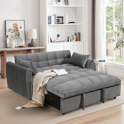 TIRAMISUBEST 3 in 1 Velvet Foldable Sofa Bed, Multi-purpose Convertible Sofa, USB Port, Adjustable Backrest, Swivel Stand, Pink
