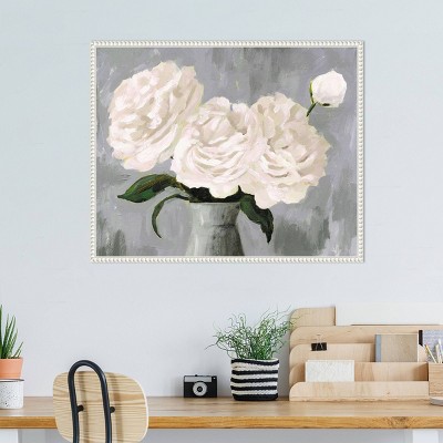 White Peonies in Gray Vase Framed Canvas Wall Art
