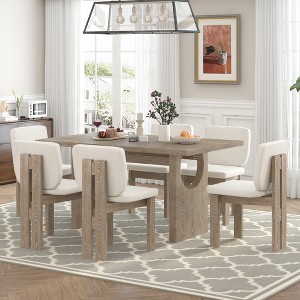 7-Piece Retro Dining Set, 1 Rectangular Table with Designed Trestle Base and 6 Upholstered Chairs - ModernLuxe - 1 of 4