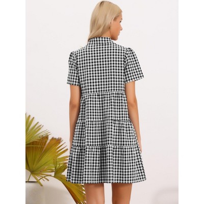 Женские платья INSPIRE CHIC Women's Gingham Vintage V Neck Short Sleeve Button Front Swing Tiered Mini Dresses Small Black — фото 4