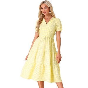 INSPIRE CHIC Women's Summer Ruffle Trim V Neck Button Decor Gingham Dress - 1 of 4