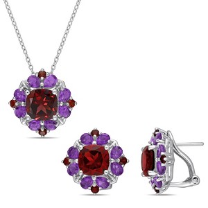 EVERLY JEWELRY | Sterling Silver 13 1/4 CT TGW Garnet and Africian Amethyst Cluster Pendant with Chain and Earrings Set - 1 of 4