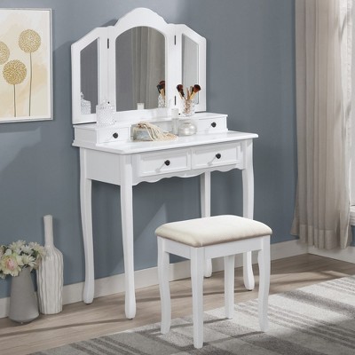 2 Pieces Make Up Table And Stool Set, Makeup Vanity Desk With 3-panel Mirror And 4 Vanity Drawers, Rectangular Thick Cushion Bench