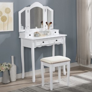 2 Pieces Make Up Table And Stool Set, Makeup Vanity Desk With 3-panel Mirror And 4 Vanity Drawers, Rectangular Thick Cushion Bench - 1 of 4