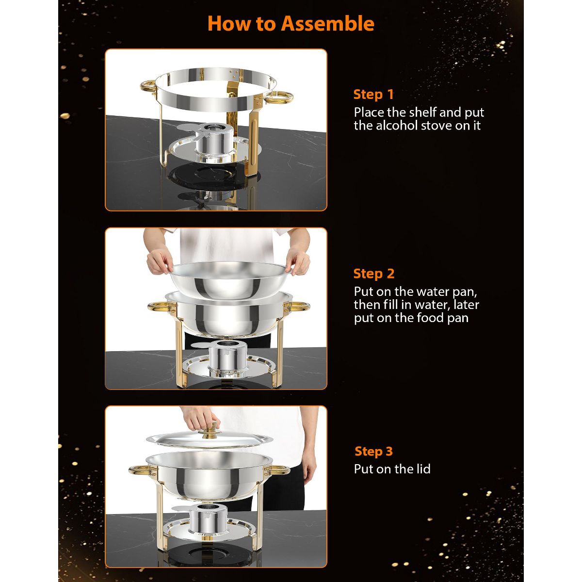 Garvee 5QT Gold Chafing Dish Buffet Set – Stainless Steel Food Warmer with Lid Holder, Spoon & Tweezer – For Catering, Weddings, Parties, Banquets - thumbnail 4