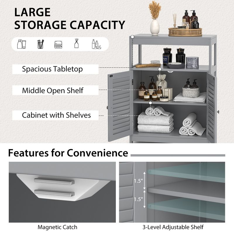 Costway Bathroom Floor Cabinet Storage Organizer with Open Shelf & Double Shutter Door Grey/White, 5 of 10