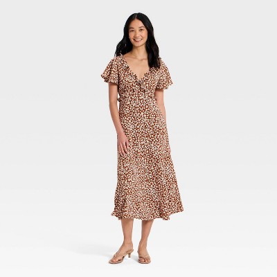 Женские платья A New Day Women's Short Flutter Sleeve V-Neck Midi Dress - A New Day™ Brown M — фото 2