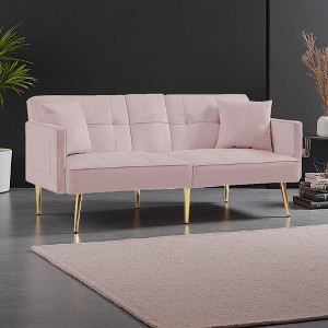 Velvet Futon Sofa Bed with Gold Legs & Cup Holders - 1 of 4