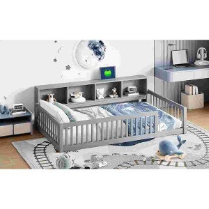 CAVINAS Twin XL Size Wood Montessori Bed with 3 Built-in Storage Cabinets and Guardrail,Modern Floor Bed with USB Ports,Toddler Bed for Bedroom,Gray - 1 of 4