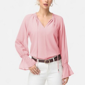 Anna-Kaci Women's Long Sleeve Blouse with Flounce Cuffs and Ruffle Trim Tie Neck Design - 1 of 4
