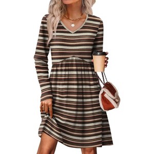 Long Sleeve V-Neck Sweater Dress 2025, Women's Empire Waist Babydoll Fall Dress with Pockets S-orange Stripe - 1 of 4