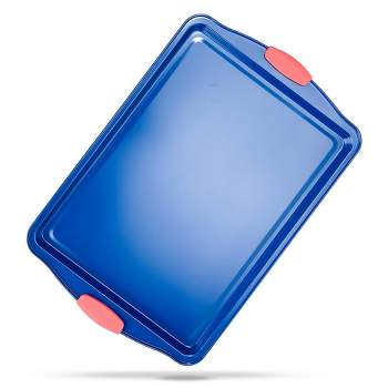 NutriChef 17” Non Stick Baking Pan, Large Blue Cookie Sheet with Red Silicone Handles